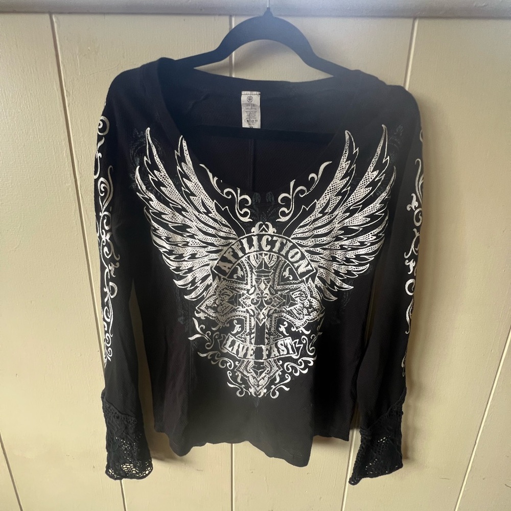 Affliction Women's Black and White Winged Long Sleeve Tee